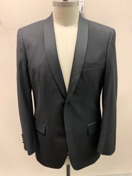 ANGELO ROSSI, Black, Polyester, Rayon, Solid, Single Breasted, 2 Buttons, Shawl Lapel, Satin Lapel, Double Vent