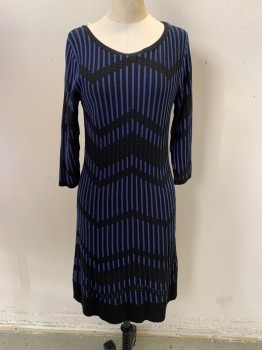 JUST TAYLOR, French Blue, Black, Rayon, Polyester, Stripes - Vertical , Zig-Zag , Sweater Dress, Scoop Neck, Long Sleeves, Perforated, Hem Below Knee