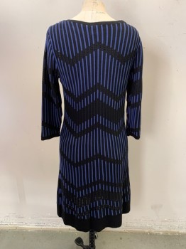 JUST TAYLOR, French Blue, Black, Rayon, Polyester, Stripes - Vertical , Zig-Zag , Sweater Dress, Scoop Neck, Long Sleeves, Perforated, Hem Below Knee