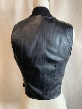 Womens, Leather Vest, BEBE, Polyurethane, S, Zip Front, Spandex Knit Lapel, Waist Side Snap Tabs, Aged/Distressed Shoulders