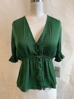 TEN SIXTY SHERMAN, Emerald Green, Polyester, Solid, Squares, V-N, 3/4 Sleeves, Elastic Cuffs, Button Front, Elastic Waistband, Self Green Squares