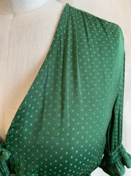 TEN SIXTY SHERMAN, Emerald Green, Polyester, Solid, Squares, V-N, 3/4 Sleeves, Elastic Cuffs, Button Front, Elastic Waistband, Self Green Squares