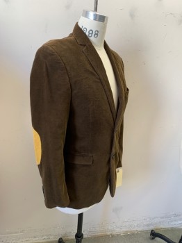 US POLO ASSN., Brown, Beige, Cotton, Suede, Solid, Brown Corduroy with Beige Suede Elbow Patches, 2 Button Front, Notched Lapel, 3 Pockets,