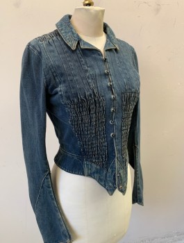DUARTE, Denim Blue, Cotton, Solid, Victorian Inspired, 7 Tiny Buttons with Loop Closures in Front, Smocked Panel at Front Waist, Pointed Front Hem, Leg 'O Mutton Sleeves, Unusual Notched Collar, Smocked Back with Long "Tails"