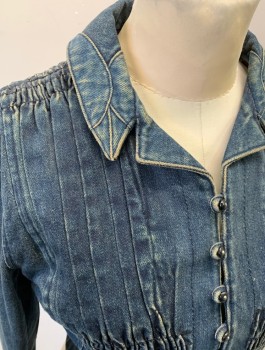 Womens, Jean Jacket, DUARTE, Denim Blue, Cotton, Solid, XS, Victorian Inspired, 7 Tiny Buttons with Loop Closures in Front, Smocked Panel at Front Waist, Pointed Front Hem, Leg 'O Mutton Sleeves, Unusual Notched Collar, Smocked Back with Long "Tails"