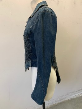 Womens, Jean Jacket, DUARTE, Denim Blue, Cotton, Solid, XS, Victorian Inspired, 7 Tiny Buttons with Loop Closures in Front, Smocked Panel at Front Waist, Pointed Front Hem, Leg 'O Mutton Sleeves, Unusual Notched Collar, Smocked Back with Long "Tails"