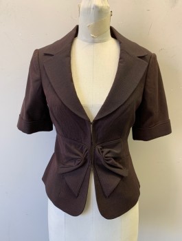 Womens, Blazer, THE LIMITED, Dk Red, Black, Polyester, Viscose, Birds Eye Weave, S, Short Sleeves, 3 Hook & Eye Closures at Front, Notched Lapel, Slight Bow Detail at Waist, Folded Sleeve Cuffs, Lightly Padded Shoulders