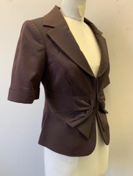 Womens, Blazer, THE LIMITED, Dk Red, Black, Polyester, Viscose, Birds Eye Weave, S, Short Sleeves, 3 Hook & Eye Closures at Front, Notched Lapel, Slight Bow Detail at Waist, Folded Sleeve Cuffs, Lightly Padded Shoulders