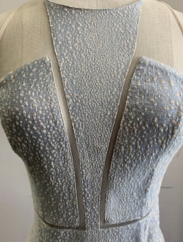 SACHIN & BABI, Champagne, Ice Blue, Metallic, Poly/Cotton, Nylon, Abstract , Sheer Cutouts on Neckline, Bodycon Tight Fitted Dress, Above Knee, Zipper Attached at Center Back