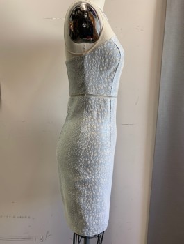 SACHIN & BABI, Champagne, Ice Blue, Metallic, Poly/Cotton, Nylon, Abstract , Sheer Cutouts on Neckline, Bodycon Tight Fitted Dress, Above Knee, Zipper Attached at Center Back