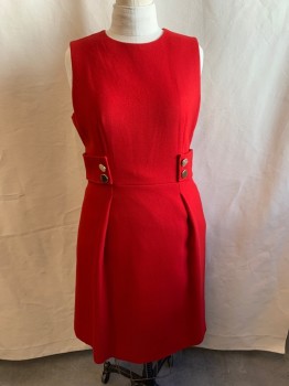 ANNE KLEIN, Red, Polyester, Viscose, Solid, Red Diagonal Self Stripes, Sleeveless, Crew Neck, Zip Back, 4 Gold Buttons at Waist, Pleated Skirt