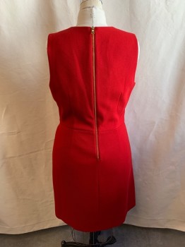 ANNE KLEIN, Red, Polyester, Viscose, Solid, Red Diagonal Self Stripes, Sleeveless, Crew Neck, Zip Back, 4 Gold Buttons at Waist, Pleated Skirt