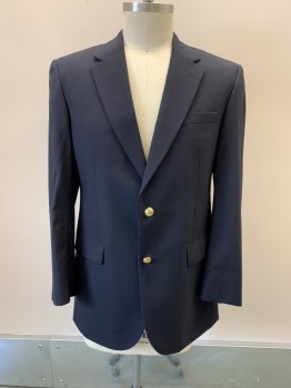 JOS A BANK, Navy Blue, Wool, Notched Lapel, Single Breasted, Button Front, Gold Buttons, 3 Pockets