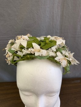 Womens, Hat, BATTELSTEIN'S, Olive Green, White, Silk, Velvet Covered Wire with 3 Dimensional Silk Flowers, Silk Bows, in Fair Condition, Some of the Flowers are Smooshed a Bit
