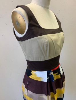 MAX AND CLEO, Brown, Beige, Yellow, Navy Blue, Cotton, Native American/Southwestern , Color Blocking, 1" Straps, Rounded Square Neck, 4 Pleats at Waist, Fitted Through Hips, Hem Above Knee, Invisible Zipper in Back