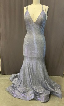Womens, Evening Gown, CINDERELLA DIVINE, Silver, Lavender Purple, Polyester, Glitter, 10, Multi Straps That Criss Cross in Back, Deep V, Floor Length, Train