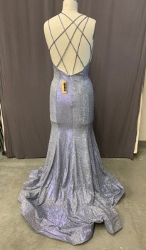 Womens, Evening Gown, CINDERELLA DIVINE, Silver, Lavender Purple, Polyester, Glitter, 10, Multi Straps That Criss Cross in Back, Deep V, Floor Length, Train