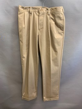 IZOD, Khaki Brown, Cotton, Side Pockets, Zip Front, Pleated Front, 2 Welt Pockets, Cuffed