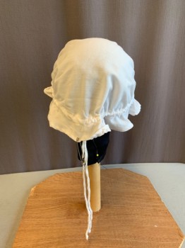Womens, Historical Fiction Hat, MTO, White, Cotton, Solid, O/S, 1700s, Drawstring Ties, Ruffle Trim *Aged/Distressed*