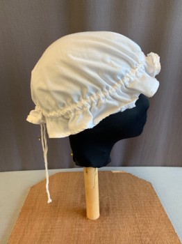 Womens, Historical Fiction Hat, MTO, White, Cotton, Solid, O/S, 1700s, Drawstring Ties, Ruffle Trim *Aged/Distressed*