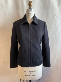 Womens, Casual Jacket, TAHARI, Black, White, Polyester, Spandex, Solid, 4, Collar Attached, Zip Front, 2 Pockets, White Top Stitch