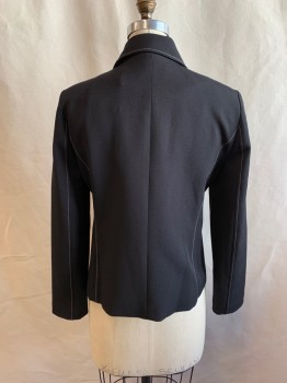 TAHARI, Black, White, Polyester, Spandex, Solid, Collar Attached, Zip Front, 2 Pockets, White Top Stitch