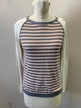 BANANA REPUBLIC, Off White, Lt Gray, Lt Pink, Cotton, Viscose, Stripes - Horizontal , Color Blocking, Long Sleeves, Knit, Crew Neck, Henley, Side Vents, Ribbed Cuffs and Waistband