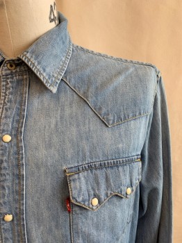 Mens, Western, LEVI'S, Denim Blue, Cotton, Solid, L, Collar Attached, Snap Front, Long Sleeves, 2 Pockets, 3 Snap Cuffs