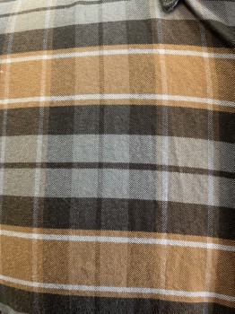 BROOKS BROTHERS, Coffee Brown, Gray, Dk Umber Brn, Mushroom-Gray, White, Cotton, Plaid, L/S, Button Down C.A., 7 Buttons, 1 Pocket, Gauntlet Buttons, Rounded Cuffs, Box Pleat Below Yoke