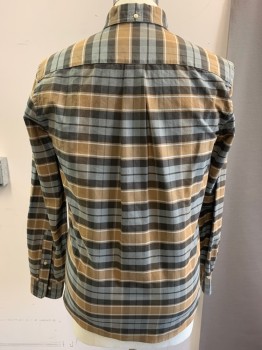 BROOKS BROTHERS, Coffee Brown, Gray, Dk Umber Brn, Mushroom-Gray, White, Cotton, Plaid, L/S, Button Down C.A., 7 Buttons, 1 Pocket, Gauntlet Buttons, Rounded Cuffs, Box Pleat Below Yoke