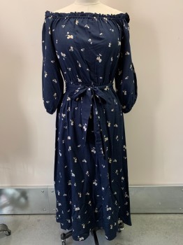 OUTERKNOWN, Navy Blue, White, Yellow, Ballet Pink, Cotton, Silk, Floral, L/S, Off The Shoulder, Elastic Band On Neckline,cuffs, And Waist, Ruffled Trim, Long Length, With Matching Belt