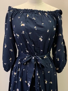 OUTERKNOWN, Navy Blue, White, Yellow, Ballet Pink, Cotton, Silk, Floral, L/S, Off The Shoulder, Elastic Band On Neckline,cuffs, And Waist, Ruffled Trim, Long Length, With Matching Belt