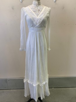Womens, Evening Gown, Gunner Sax, Off White, Polyester, Acetate, Solid, W24, B32, L/S, High Neck, V Cut Lace Chest, Zip Back, Waist Tie, Pleated,