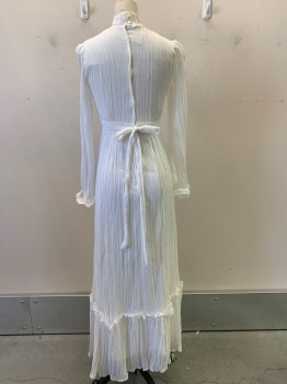 Womens, Evening Gown, Gunner Sax, Off White, Polyester, Acetate, Solid, W24, B32, L/S, High Neck, V Cut Lace Chest, Zip Back, Waist Tie, Pleated,