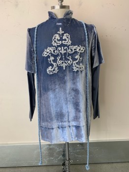 NO LABEL, Blue, Silk, Solid, L/S, Stand Collar, Embroiderred Chest, Back Clip, with Rope
