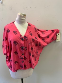 Womens, Shirt, EARTH ANGELS, Faded Red, Faded Black, Cotton, Tropical , M, Button Front, Dolman Sleeves, V-neck, 1 Pocket, Palm Trees & Sunsets,