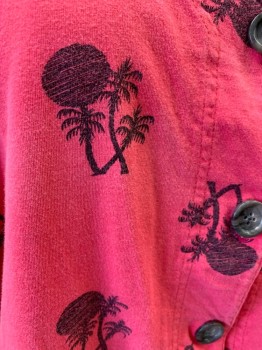 EARTH ANGELS, Faded Red, Faded Black, Cotton, Tropical , Button Front, Dolman Sleeves, V-neck, 1 Pocket, Palm Trees & Sunsets,