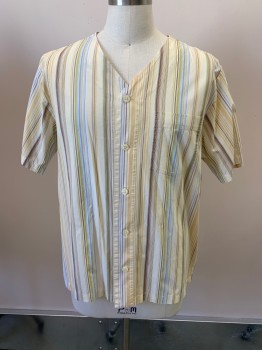 NORDSTROM, Lt Yellow, Blue-Gray, Green, Brown, Butter Yellow, Cotton, Stripes - Vertical , S/S, V-N, Buttons, 1 Pocket