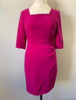 TAHARI, Magenta Pink, Polyester, Elastane, Solid, 3/4 Sleeves, Square Neck, 1.5" Wide Self Waistband, Pleated Detail at Side Hip, Wrapped Front Hem, Knee Length, Invisible Zipper in Back
