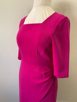 TAHARI, Magenta Pink, Polyester, Elastane, Solid, 3/4 Sleeves, Square Neck, 1.5" Wide Self Waistband, Pleated Detail at Side Hip, Wrapped Front Hem, Knee Length, Invisible Zipper in Back