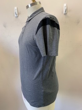 HUGO BOSS, Gray, Black, Cotton, Heathered, S/S, 3 Buttons, Collar Attached, Black Strip on Sleeves