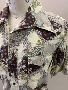 NL, Ivory White, Dk Brown, Blue, Cotton, Paisley/Swirls, Floral, Slim, S/S, Snap Front, 2 Chest Pockets, Copper Mirrored Snaps