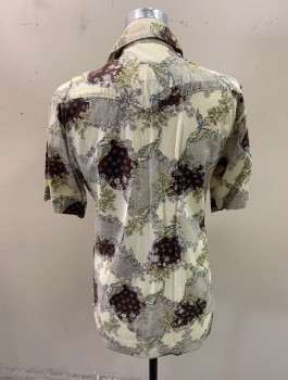 NL, Ivory White, Dk Brown, Blue, Cotton, Paisley/Swirls, Floral, Slim, S/S, Snap Front, 2 Chest Pockets, Copper Mirrored Snaps