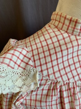 Childrens, Dress 1890s-1910s, N/L, Off White, Red, Cotton, Plaid - Tattersall, W:22, C:24, L/S, Band Collar,  Round Yoke at Neck/Shoulders, Ruffles at Shoulders with Cream Lace Edges, Gathered Dropped Waist, Buttons in Back