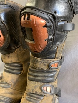 N/L MTO, Brown, Black, Leather, Rubber, Tactical Futuristic Boots, Panels of Aged Leather, Rose Gold Buckles and Attachments, Just Below Knee Length, Made To Order, Multiples