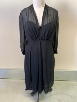 NL, Black, Polyester, V-N, L/S, Waistband, Pleated at Waist, Sheer Sleeves, Attached Slip, Hem Below Knee