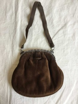 Womens, Purse 1890s-1910s, Brown, Silver, Suede, Solid, Small Brown Suede Purse with Antique Silver Floral Filigree, One Brown Gross Grain Ribbon Strap, Good Condition,