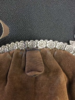 Womens, Purse 1890s-1910s, Brown, Silver, Suede, Solid, Small Brown Suede Purse with Antique Silver Floral Filigree, One Brown Gross Grain Ribbon Strap, Good Condition,