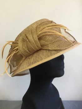 Womens, Straw Hat, BETMAR NY, Tan Brown, Straw, Feathers, Solid, 22.5", 'Wrinkled' Crown, Leaves Made Out of Straw with Trimmed Feathers, Small Brim,