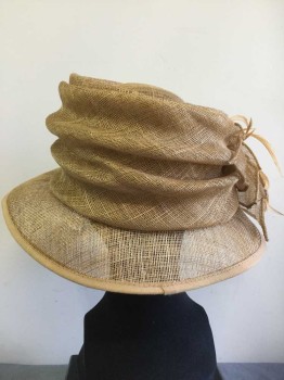 Womens, Straw Hat, BETMAR NY, Tan Brown, Straw, Feathers, Solid, 22.5", 'Wrinkled' Crown, Leaves Made Out of Straw with Trimmed Feathers, Small Brim,